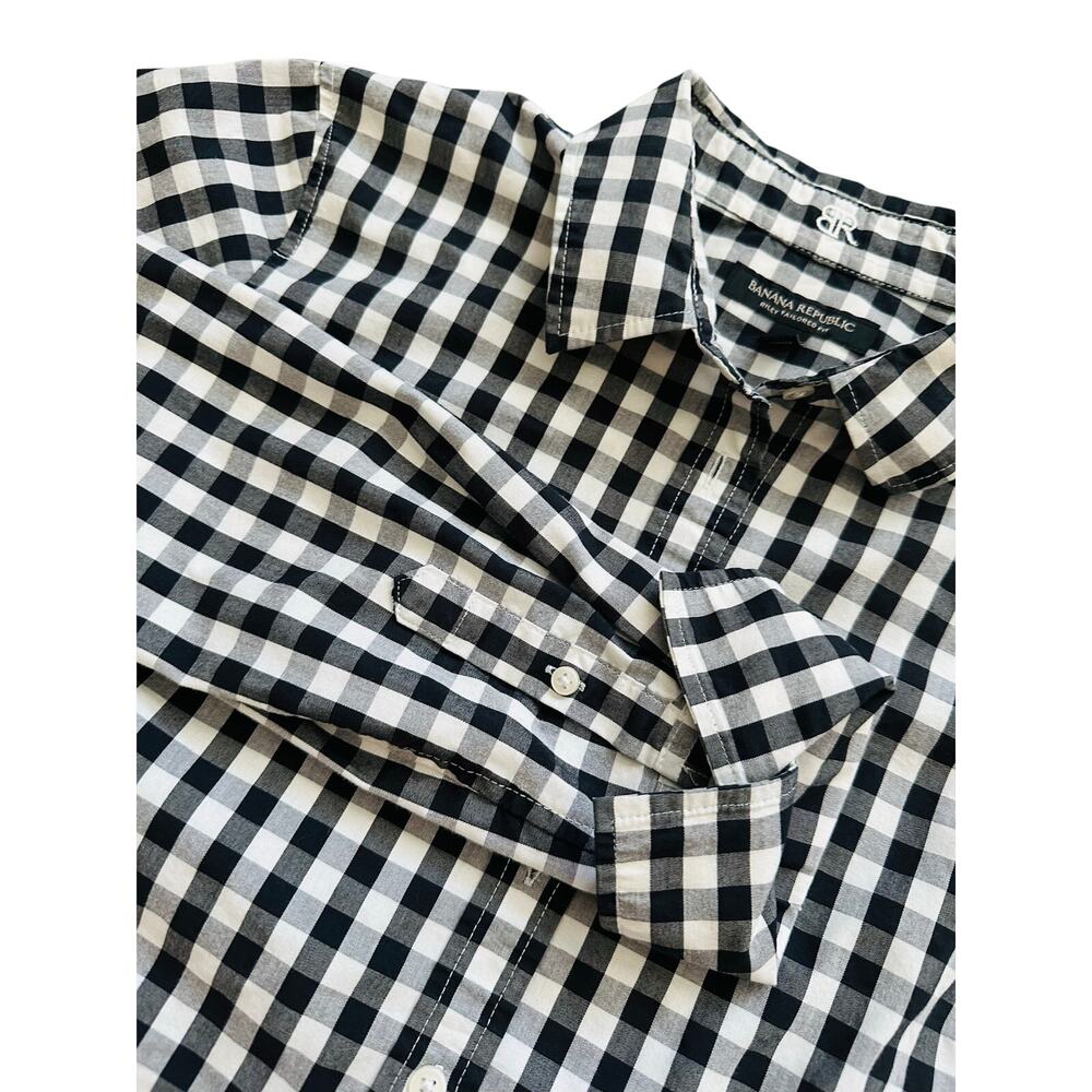 Banana Republic Riley Tailored Fit Gingham Button Up Shirt Size 8 Stretch Poplin